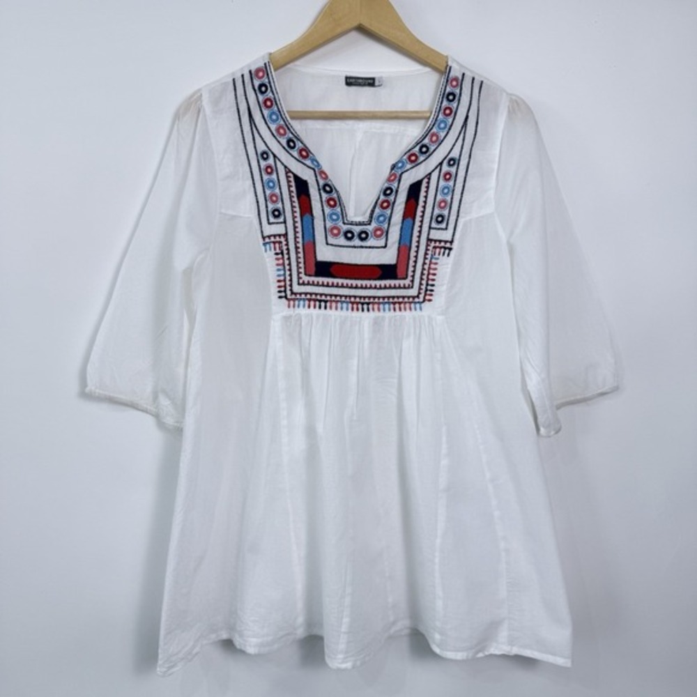 Earthbound White Boho Embroidered Tunic Summer Top Large Lightweight Cotton